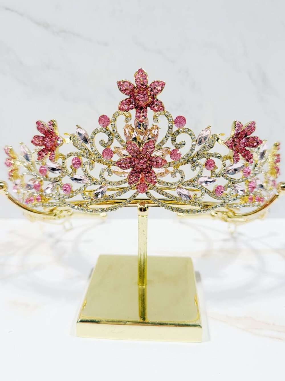 Gold Medieval Tiara, Pink Flower Crown, Renaissance Crown, Bride Hair Jewelry